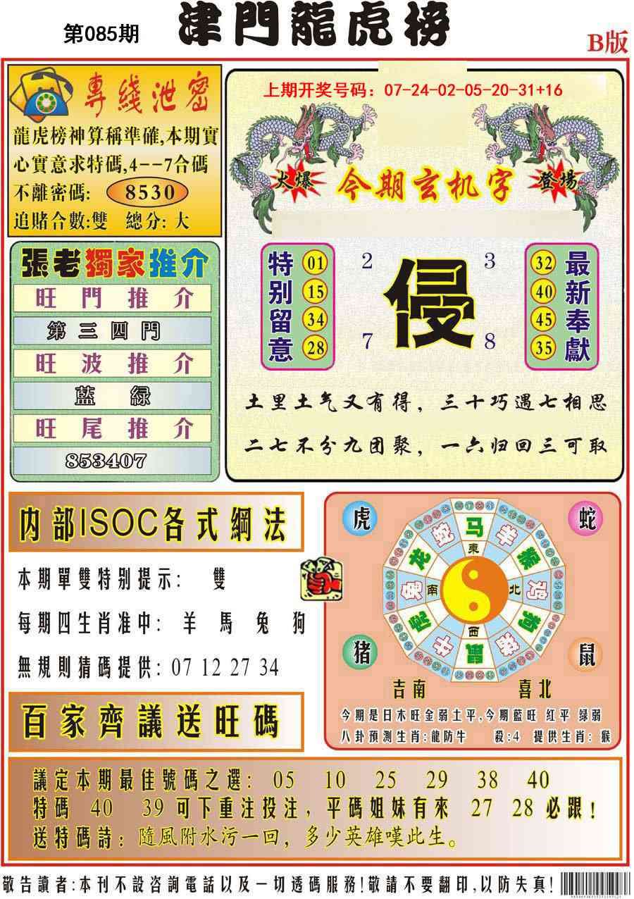 085期津门龙虎榜B[图]